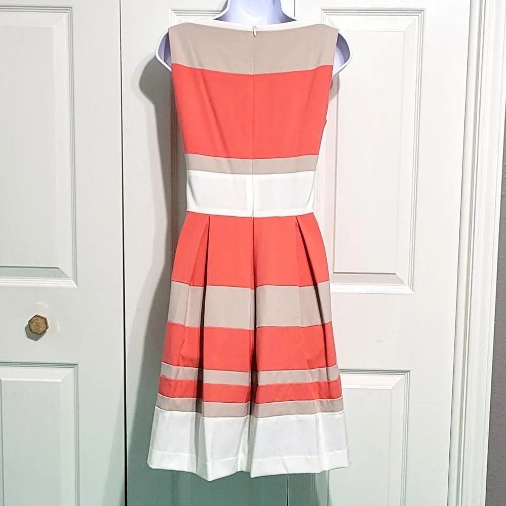 Lauren Ralph Lauren Pleated Fit Flair Dress Skater Striped Coral Cream White - Picture 4 of 7